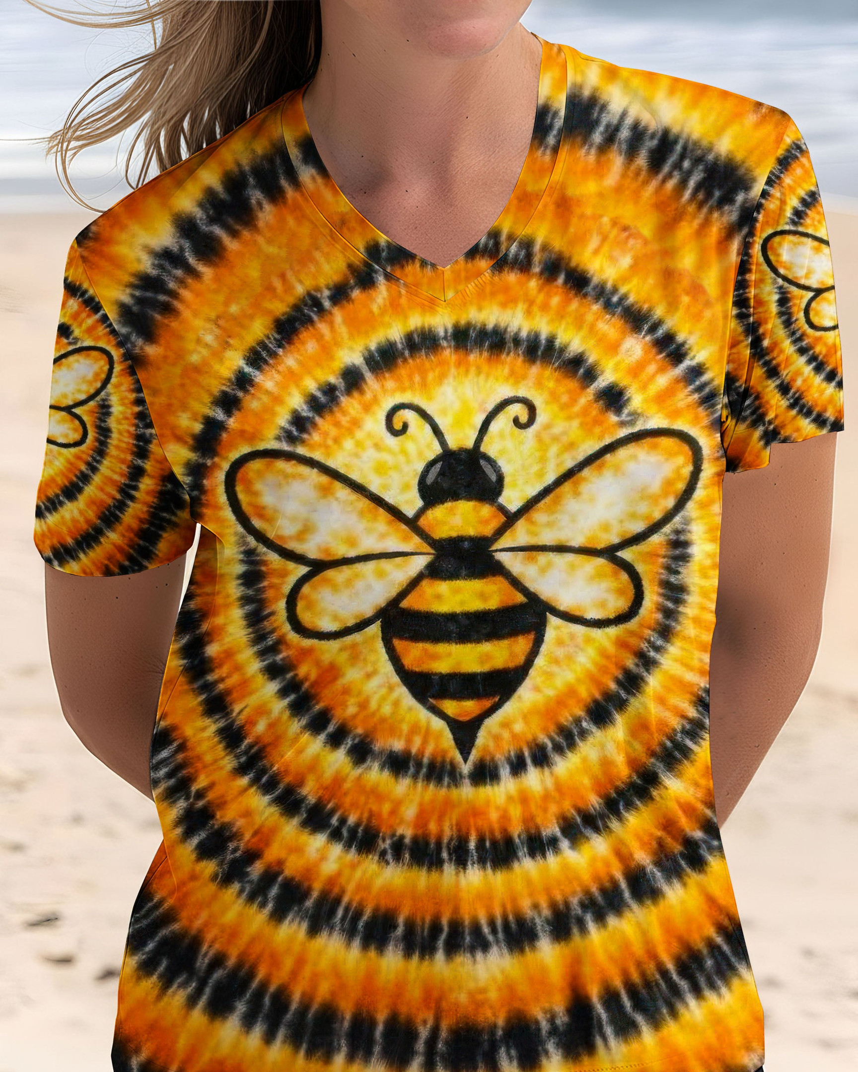 Bee Orange & Black Swirl Tie Dye V-Neck T-Shirt Themed Outfits Best Gift Ideas For Mom