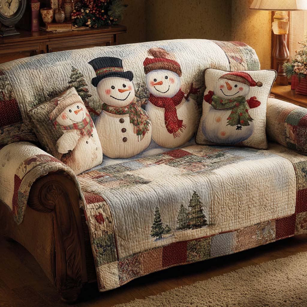 Beige Cozy Snowman Quilted Sofa Cover Winter Living Room Decor Gifts For The Family Christmas