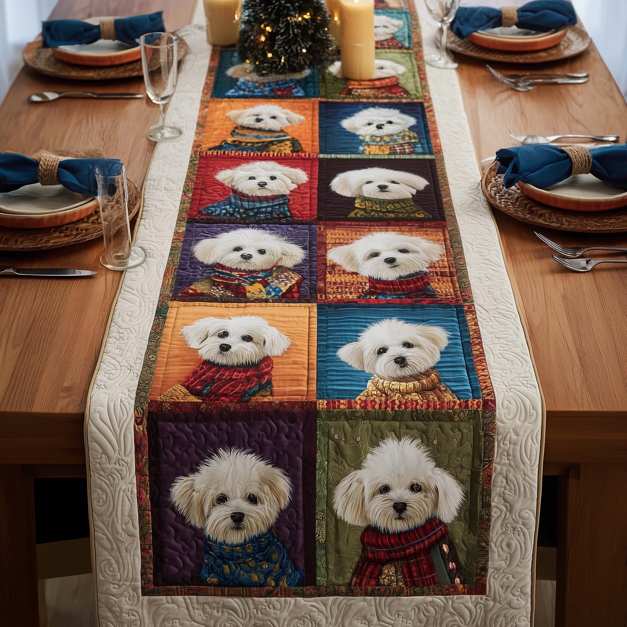Bichon Quilted Table Runner Rustic Kitchen Dining Decor Gift For Cozy Family Home Lovely