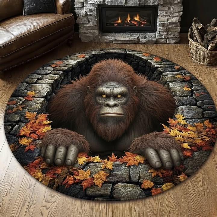 Bigfoot Dungeon Quilted Round Mat Fall Leaves Sasquatch Christmas Decor Gift Idea