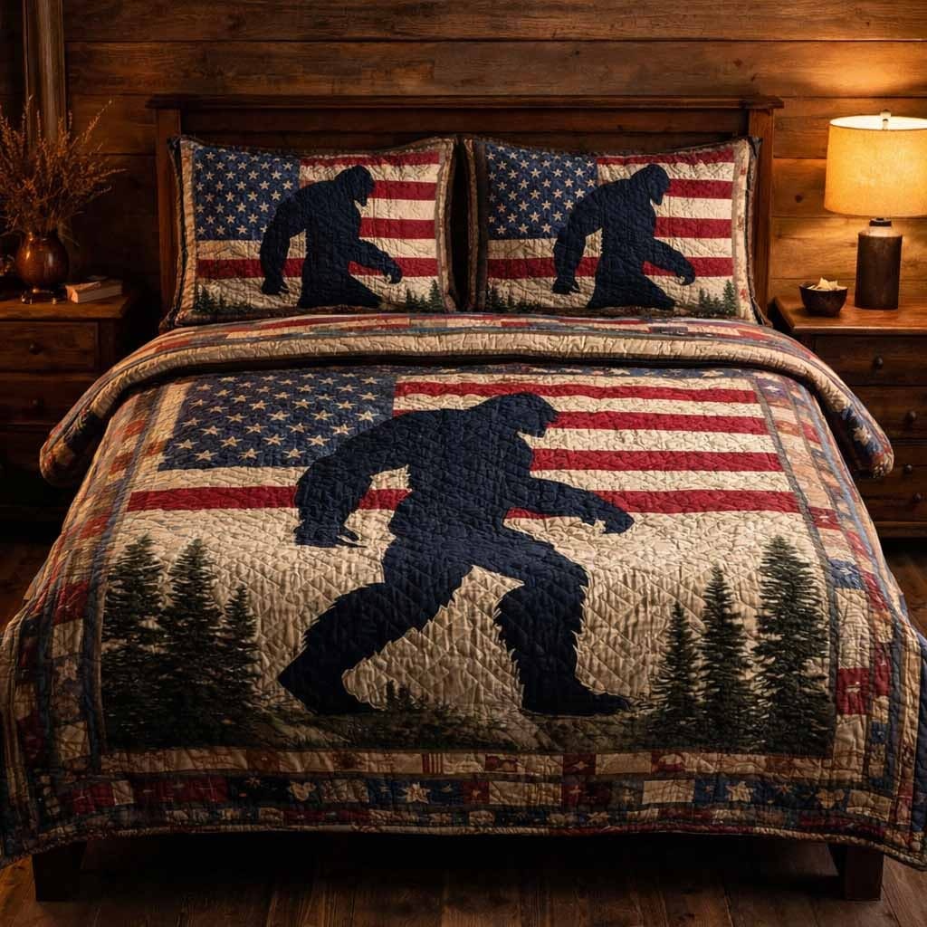 Bigfoot Freedom Beast Quilted Bedding Set USA Flag Patriotic Bed Sheet Set Best Bigfoot Gifts