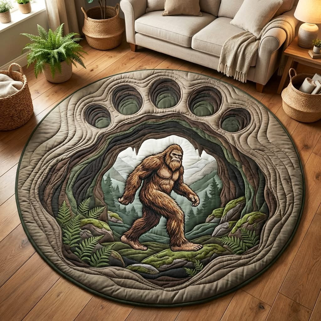 Bigfoot Spirit Quilted Round Mat Rustic Circle Rugs Best Gifts For Sasquatch Lovers