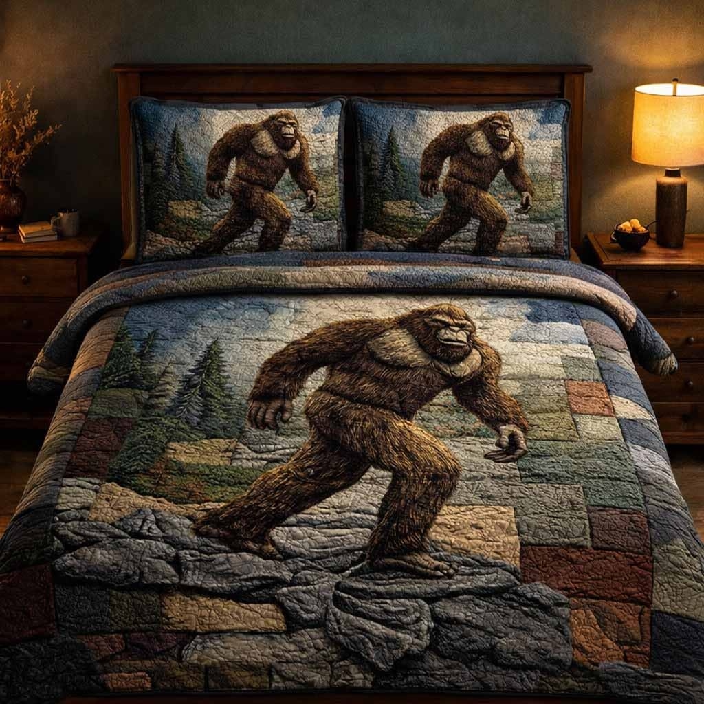 Bigfoot Stone Walker Quilted Bedding Set Sasquatch Duvet Cover Set Father's Day Gifts Ideas