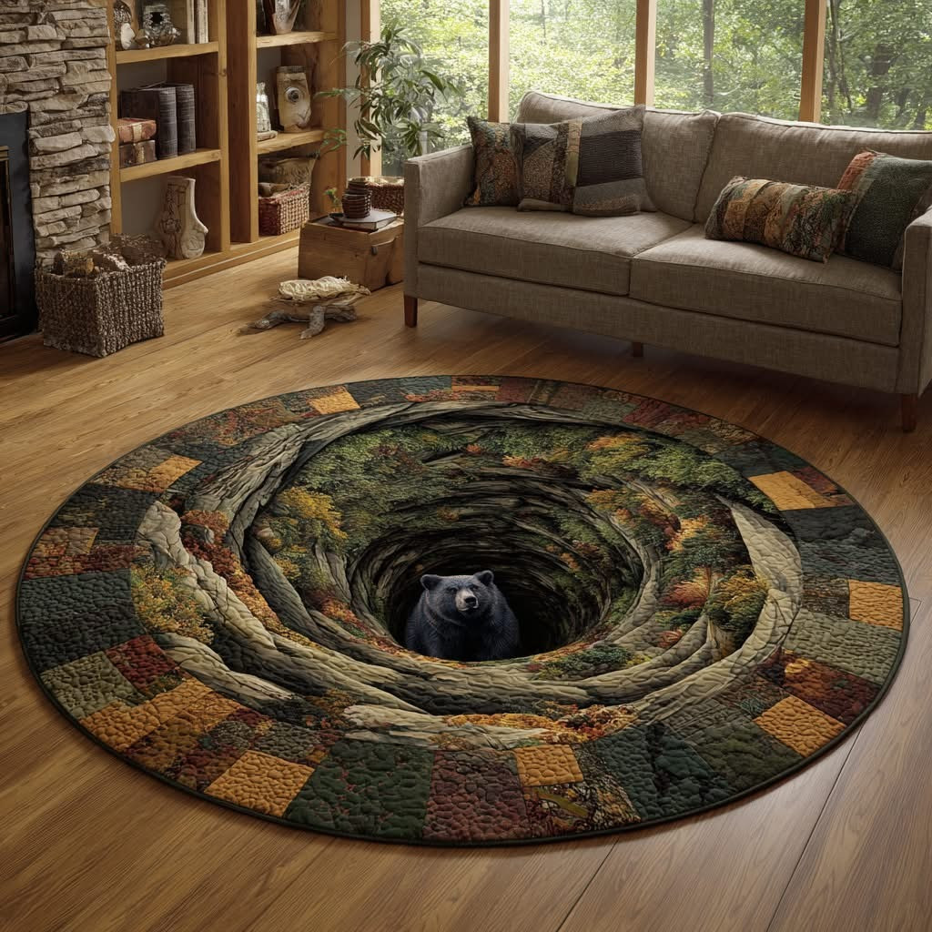 Black Bear Hidden Path Quilted Round Mat Natural Lovers Circle Mat Gift For Bear Lovers