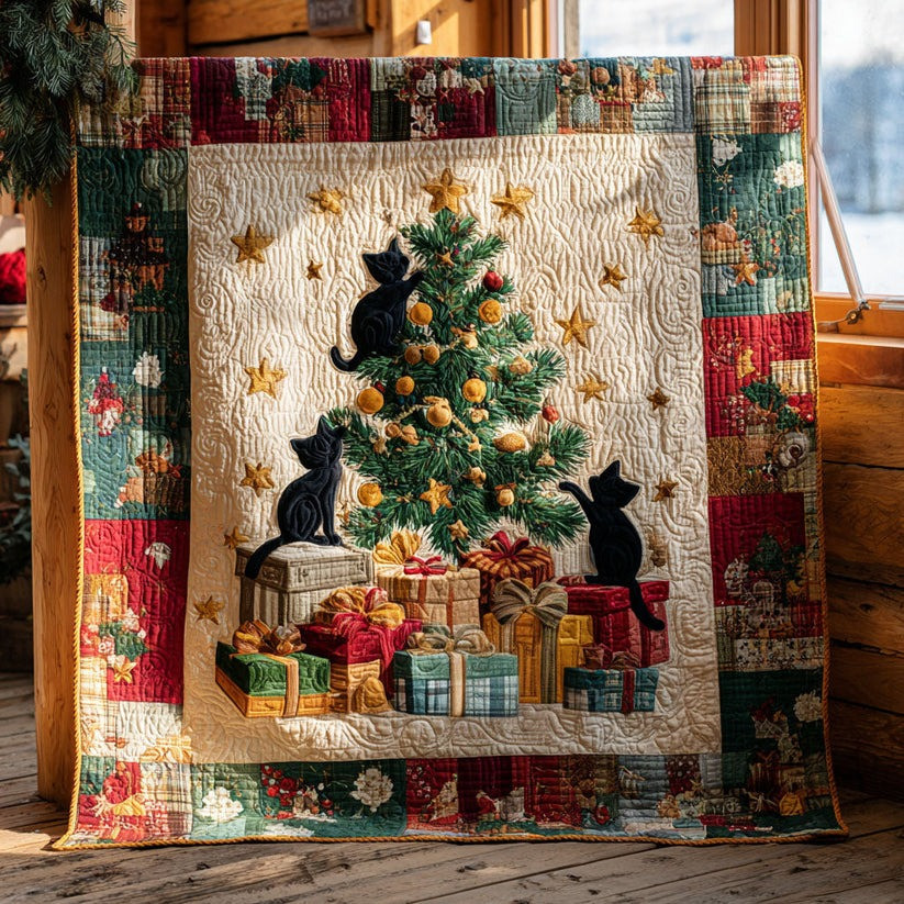 Black Cat Christmas Eve Quilt Blanket Cute Holiday Xmas Cat Themed Gifts Ideas
