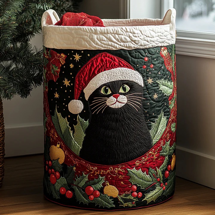 Black Cat Christmas Quilted Laundry Basket Santa Hat Holly Boho Home Decor Gift For Cat Lovers