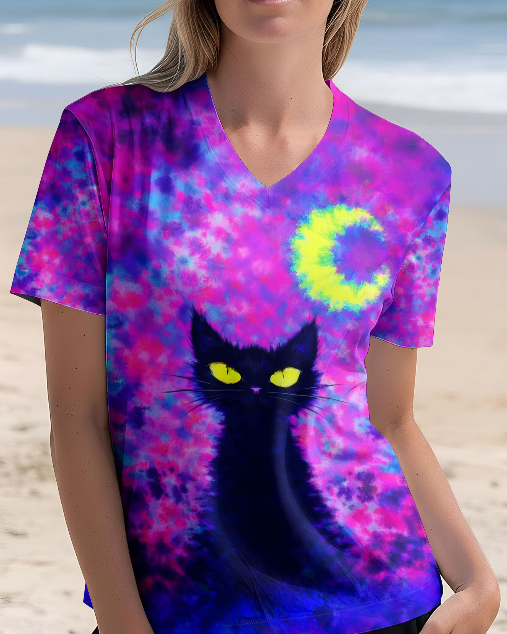 Black Cat Crescent Moon Swirl Tie Dye V-Neck T-Shirt Clothes Perfect Gift For Bestie