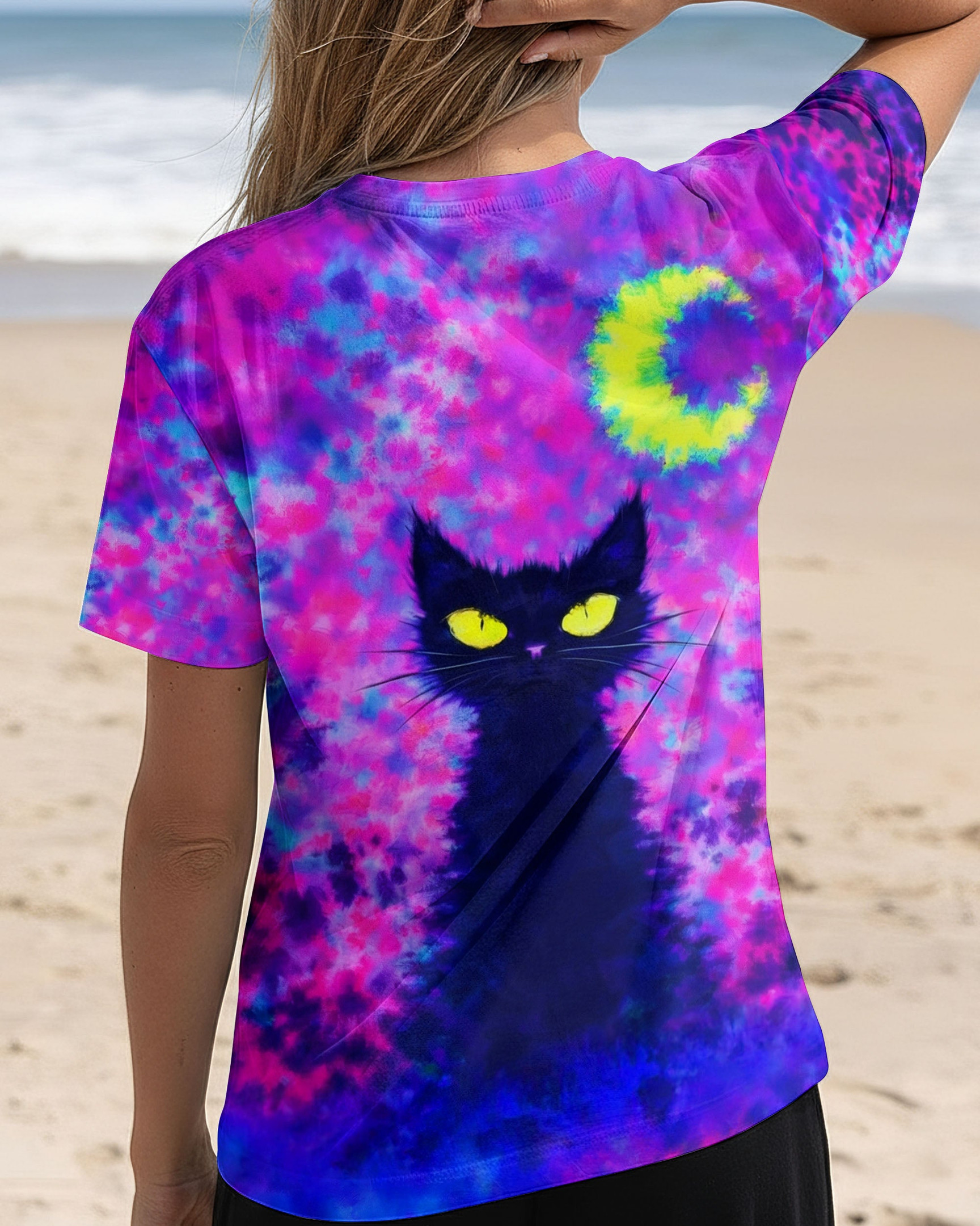 Black Cat Crescent Moon Swirl Tie Dye V-Neck T-Shirt Clothes Perfect Gift For Bestie - Image 2