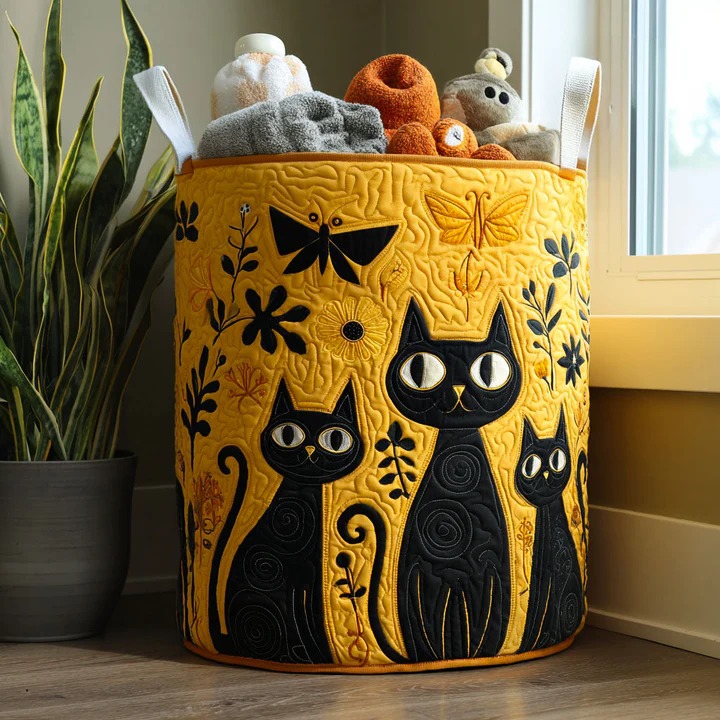 Black Cat Crowd Quilted Laundry Basket Yellow Boho Storage Bin Best Gift For Cat Lovers