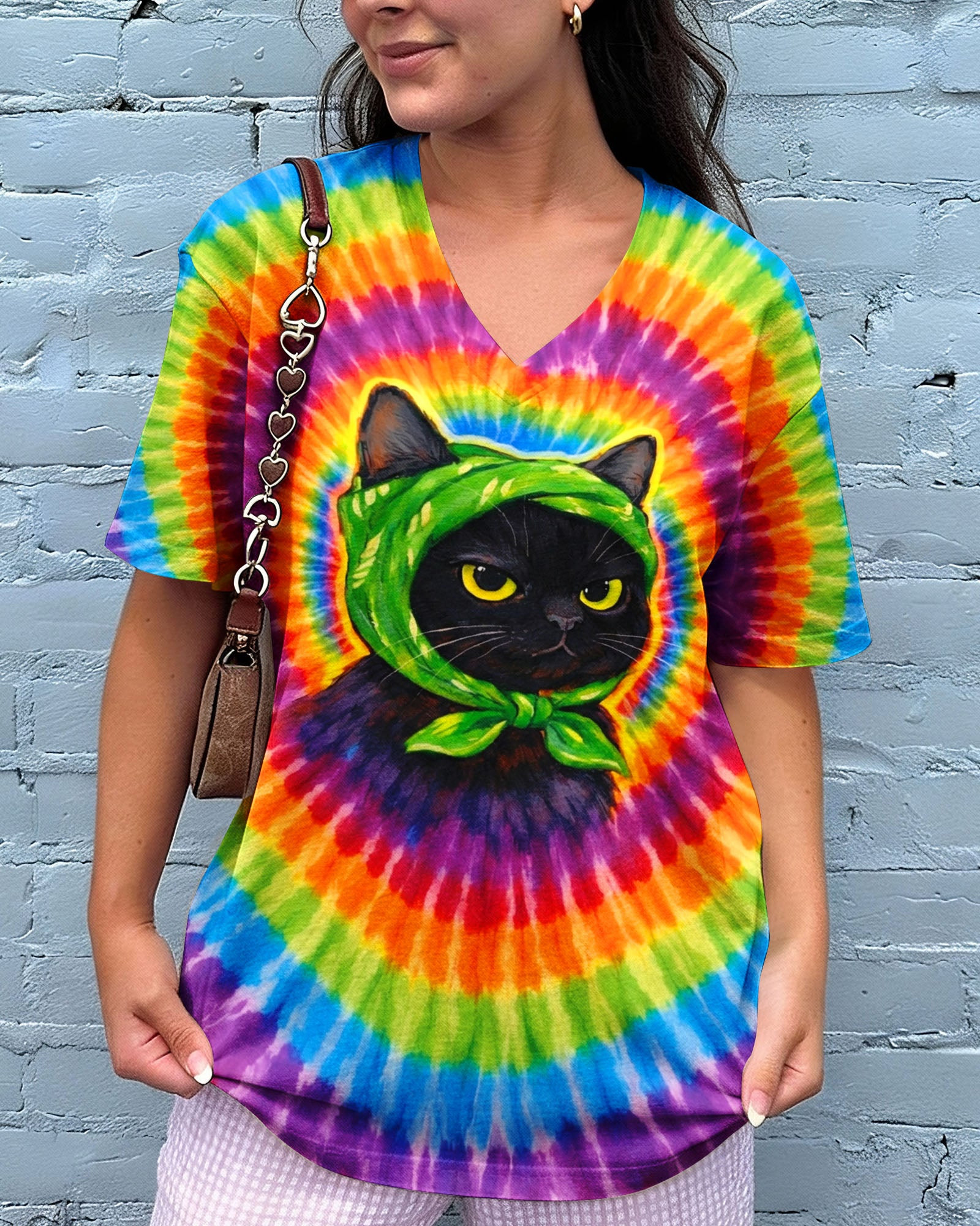 Black Cat Headband Colorful Swirl Tie Dye V-Neck T-Shirt Apparel Gifts For Her