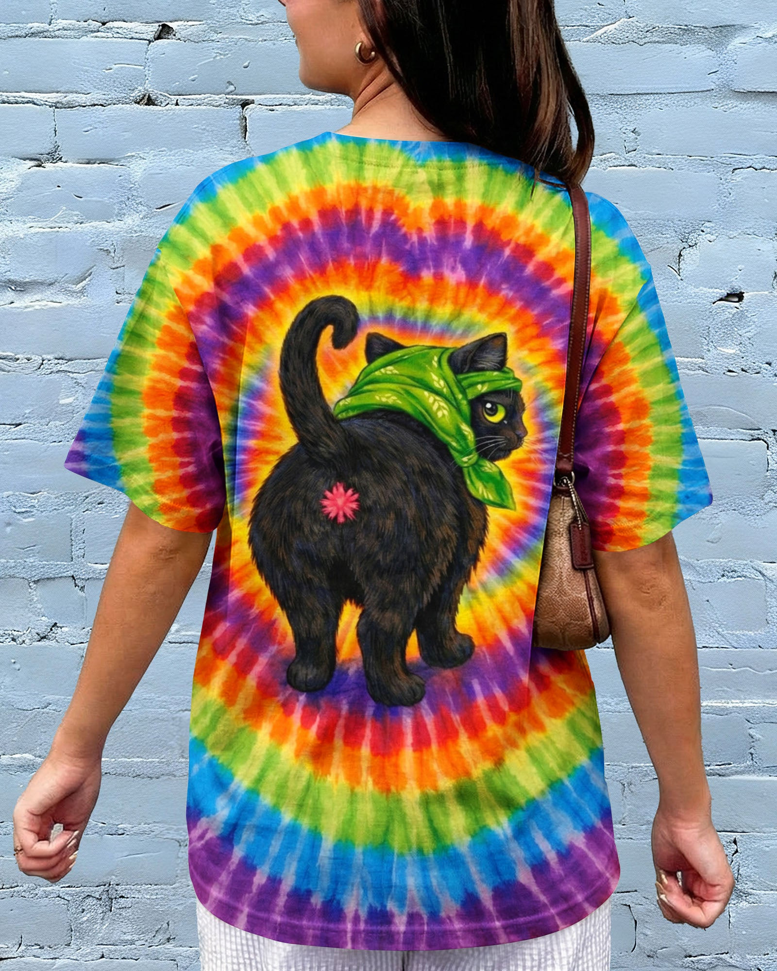 Black Cat Headband Colorful Swirl Tie Dye V-Neck T-Shirt Apparel Gifts For Her - Image 2