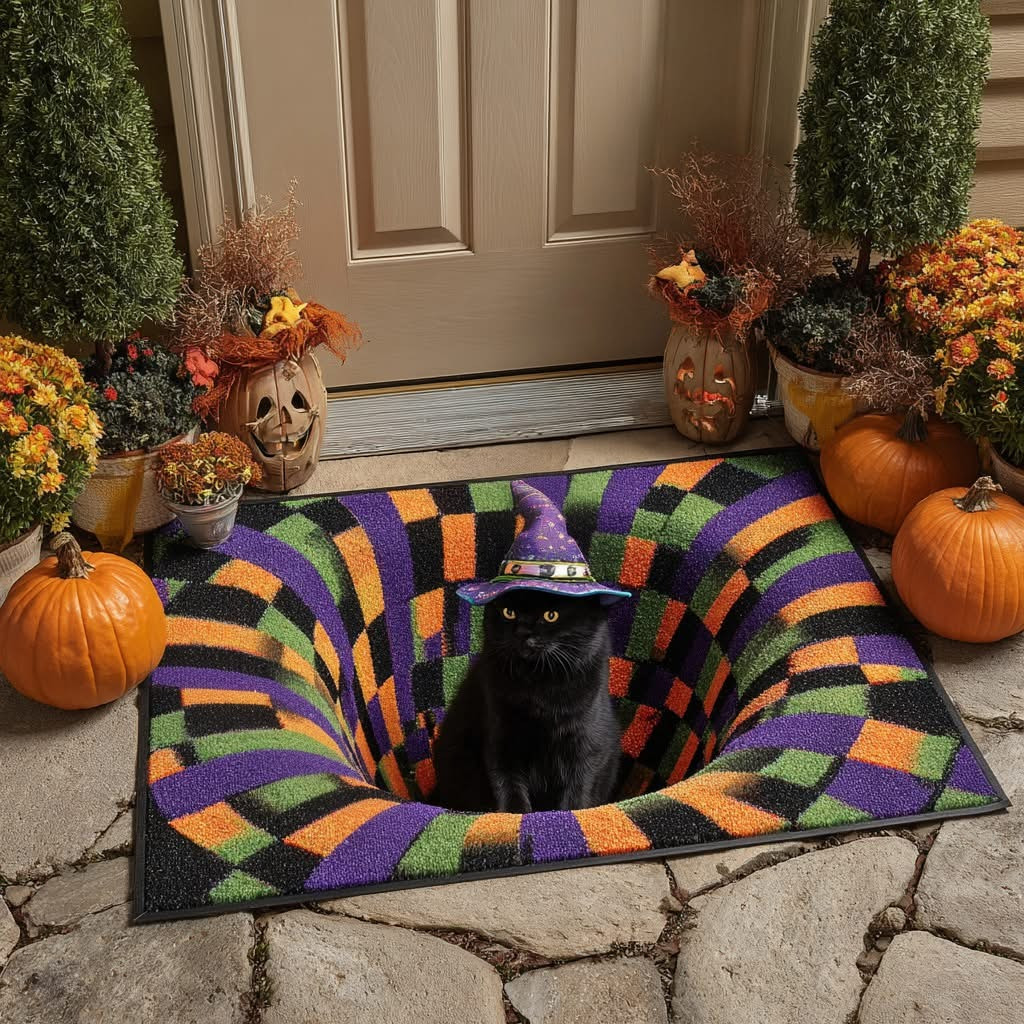 Black Cat Hollow Halloween Doormat Spiral Abyss Hollow Whirl Swirl Mat Decorations