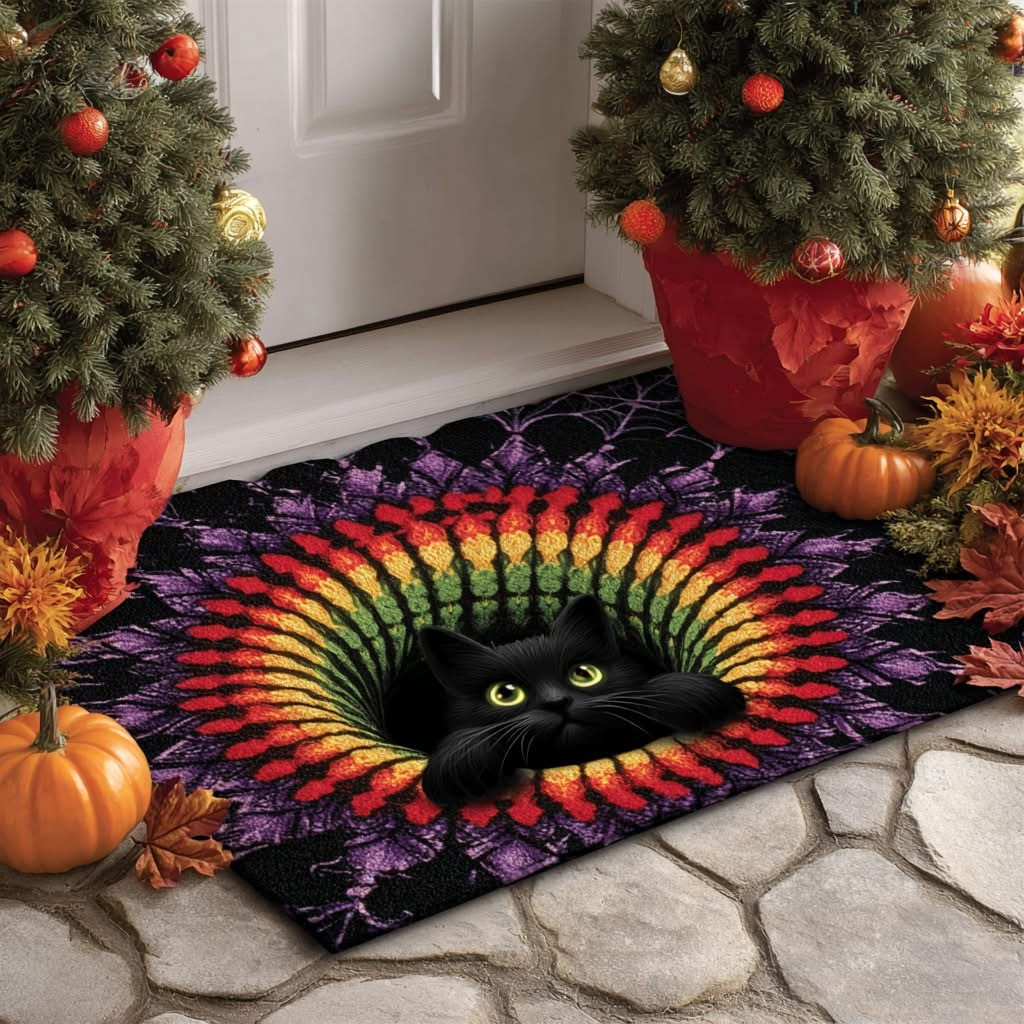 Black Cat Hollow Spiral Halloween Doormat Indoor Decorations Black Cat Themed Gifts
