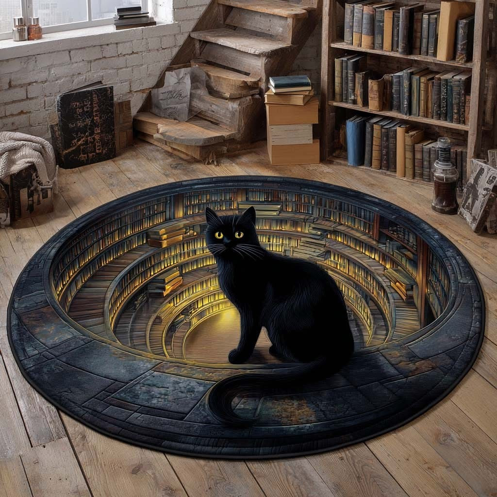 Black Cat In Library Quilted Round Mat Bookish Cat Mat Christmas Decor Gift For Her