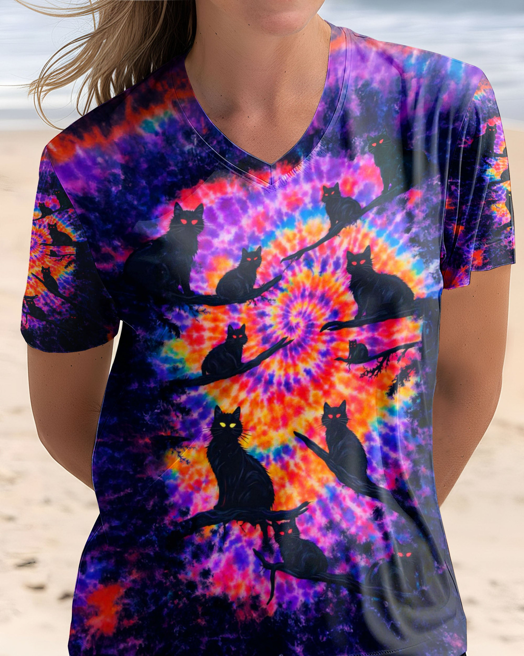 Black Cat In The Dark Swirl Tie Dye V-Neck T-Shirt Apparel Gift For Bestie