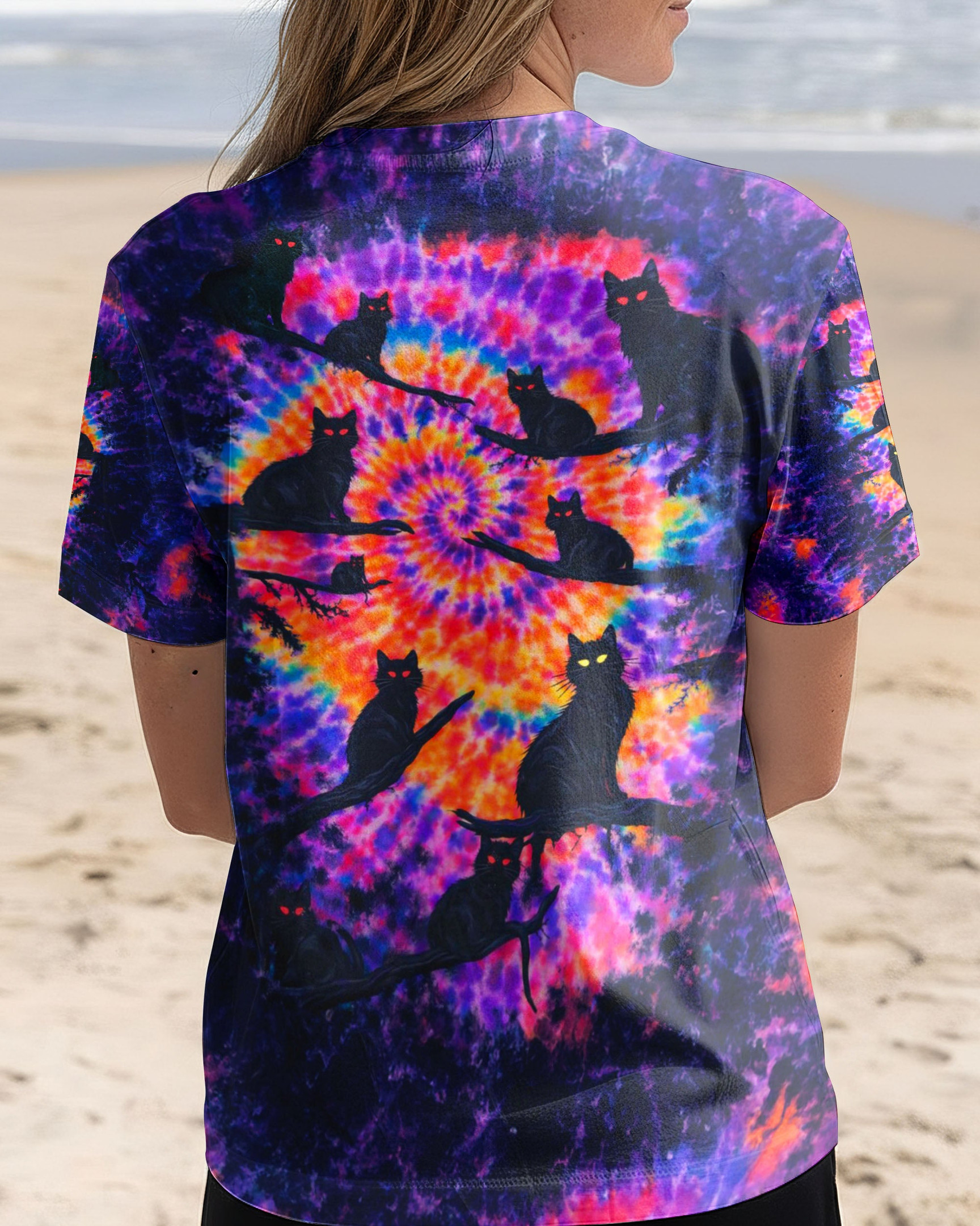 Black Cat In The Dark Swirl Tie Dye V-Neck T-Shirt Apparel Gift For Bestie - Image 2