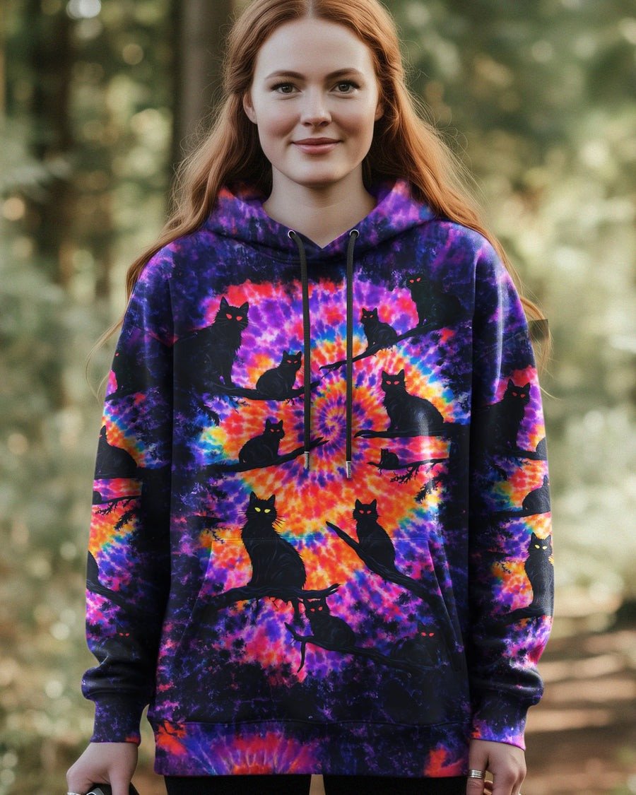 Black Cat In The Dark Tie Dye Hoodie Women's Groovy Clothing Best Gifts For Cat Lovers