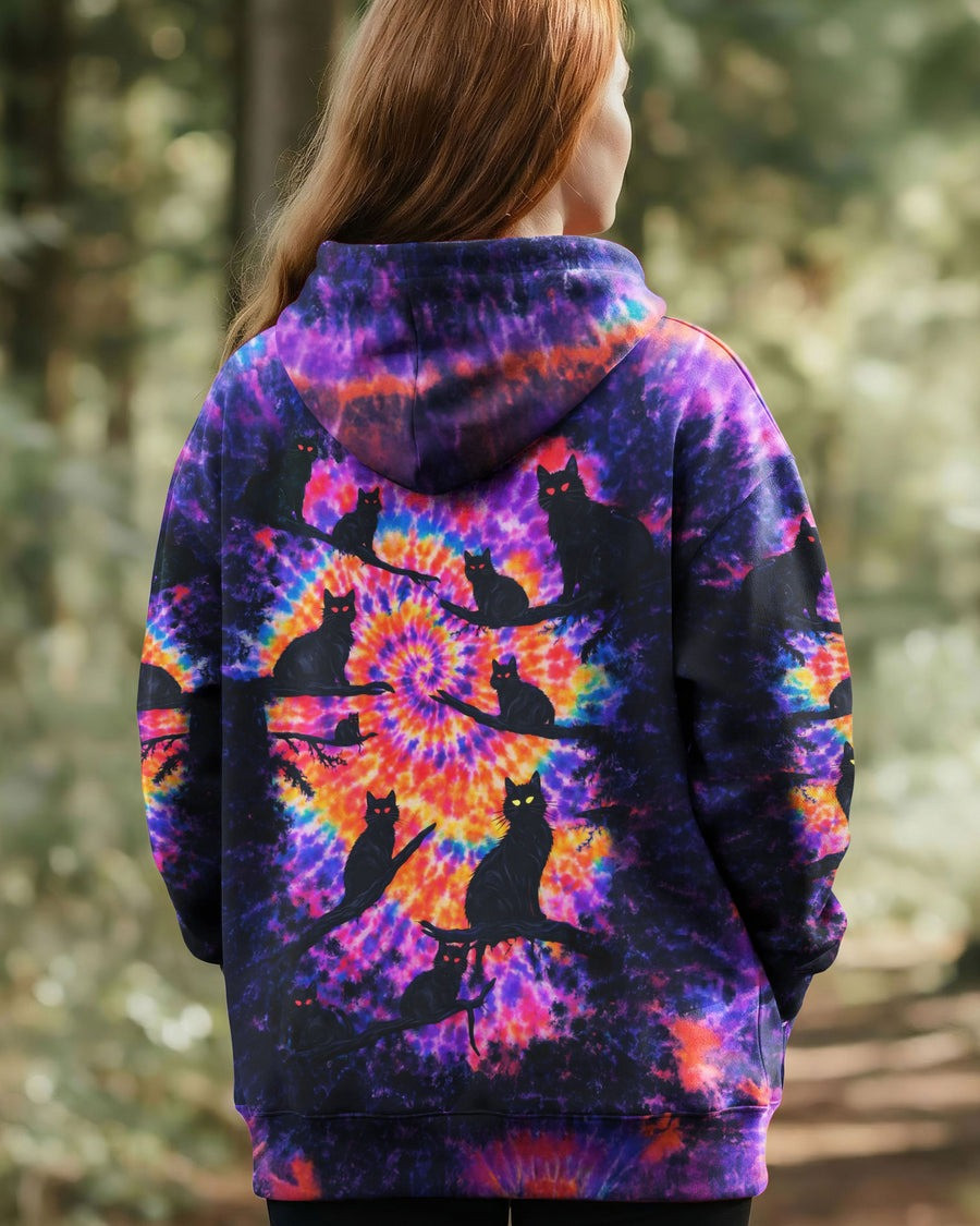 Black Cat In The Dark Tie Dye Hoodie Women's Groovy Clothing Best Gifts For Cat Lovers - Image 2