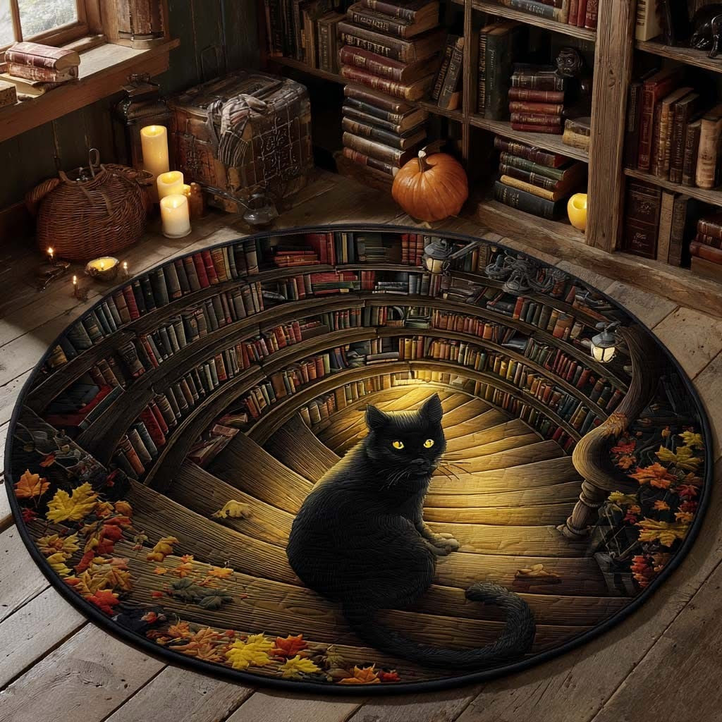 Black Cat Library Quilted Round Mat Autumn Vibe Decor Mat Christmas Present Ideas
