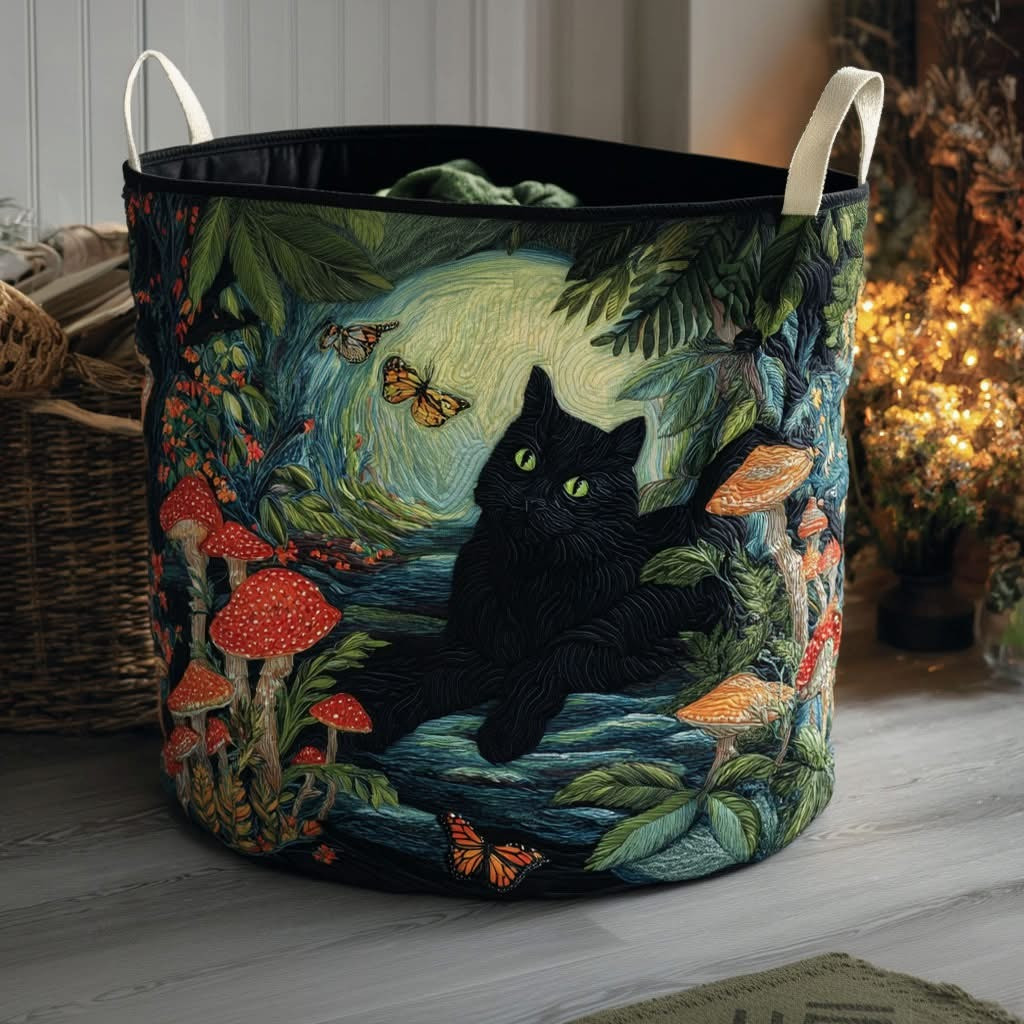 Black Cat Meadow Quilted Laundry Basket Cute Animal Hamper Basket Gifts For Cat Lovers
