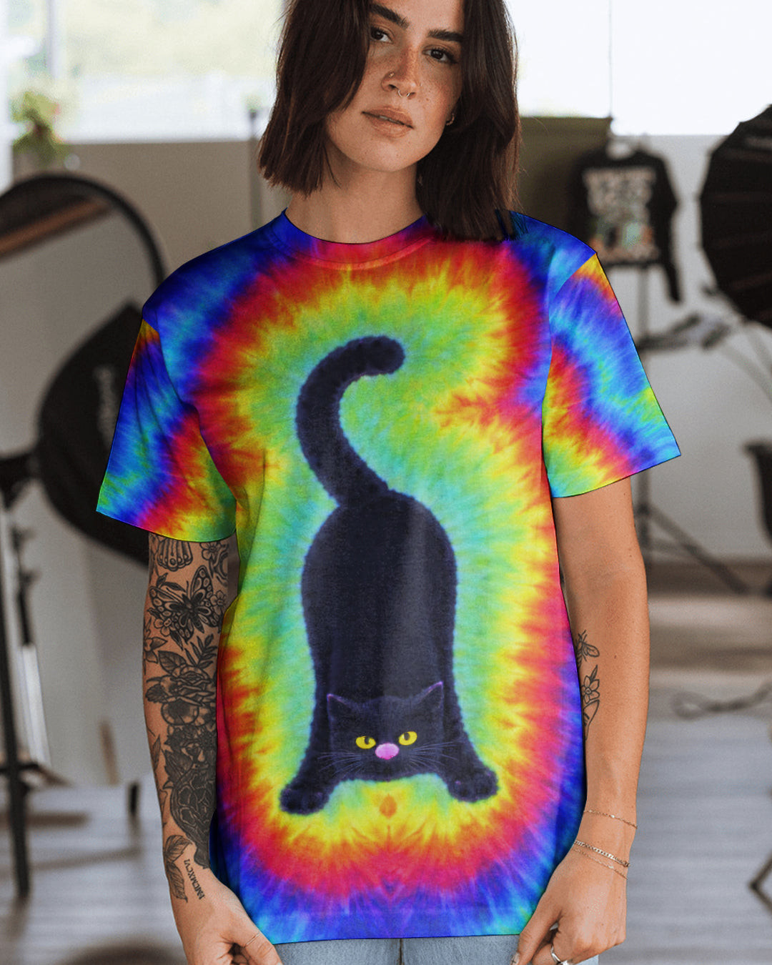 Black Cat Playful Swirl Tie Dye T-Shirt Best Merch Outfits Gifts For Sisters