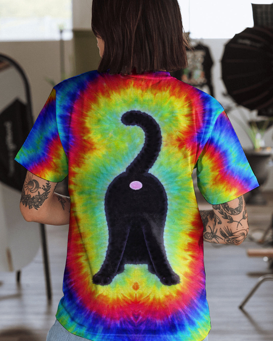Black Cat Playful Swirl Tie Dye T-Shirt Best Merch Outfits Gifts For Sisters - Image 2
