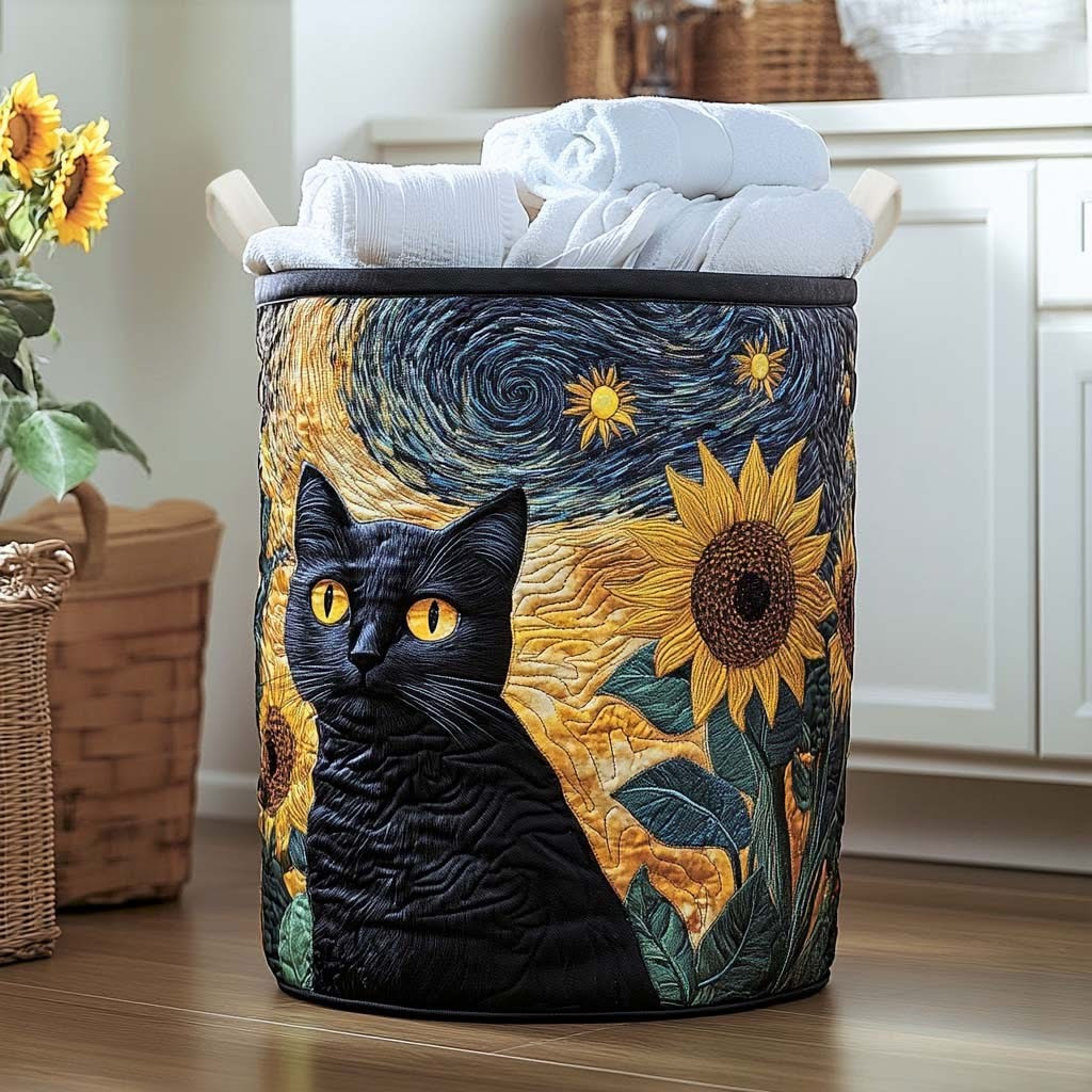 Black Cat Quilted Laundry Basket Starry Night Inspired Hamper Basket Cat Lovers Gifts