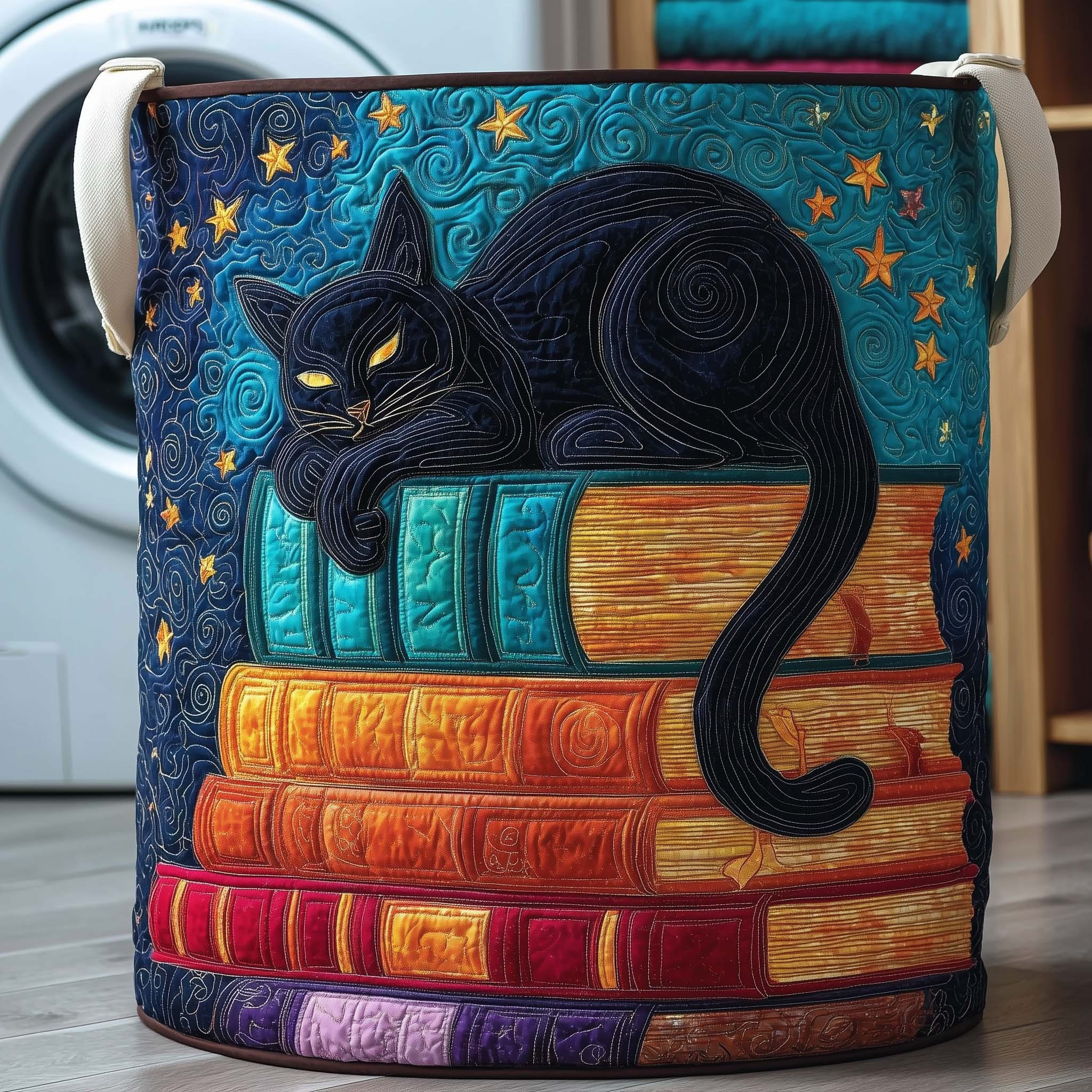 Black Cat Sleeping On Books Quilted Laundry Basket Storage Bin For Laundry Gifts For Cat Lovers