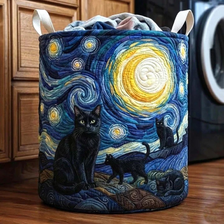 Black Cat Starry Night Quilted Laundry Basket Artistic Home Decor Best Gift For Black Cat Lovers
