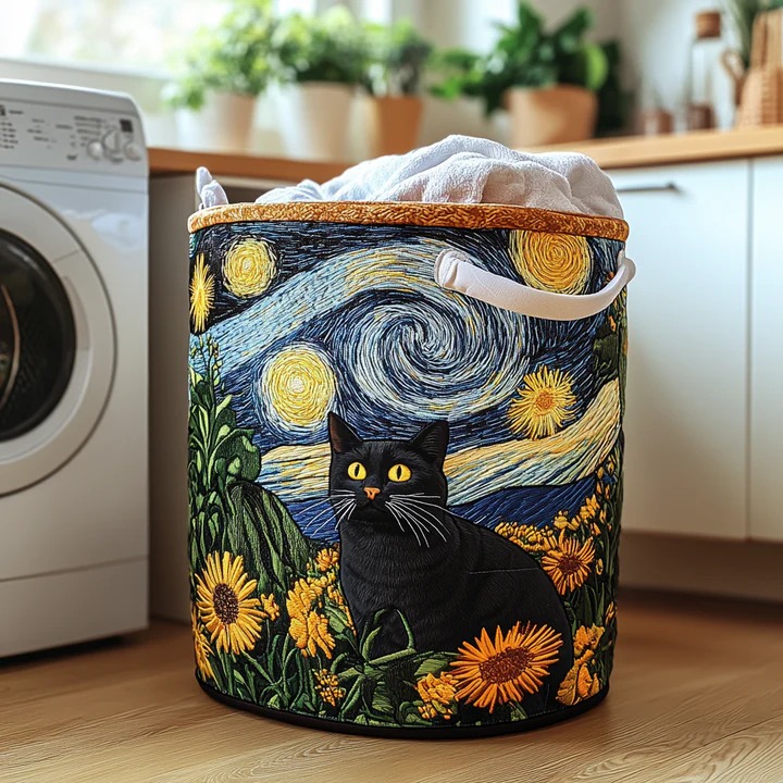 Black Cat Starry Night Quilted Laundry Basket Sunflower Cat Lover Bin Best Gift