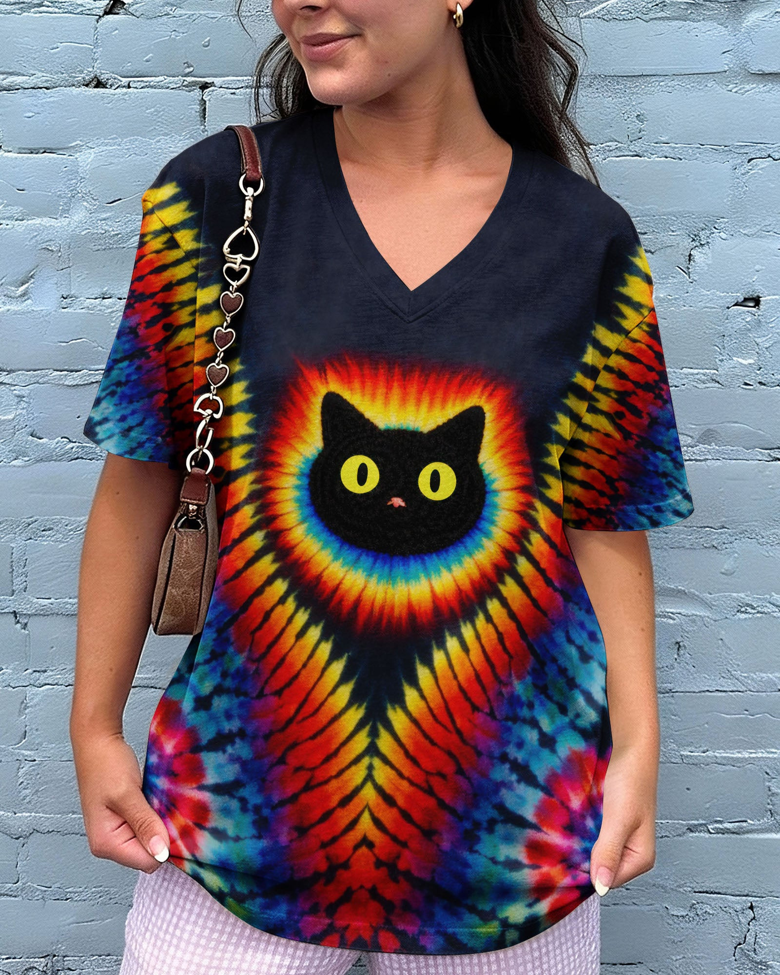 Black Cat Swirl Tie Dye V-Neck T-Shirt Clothes Special Gifts For Sisters
