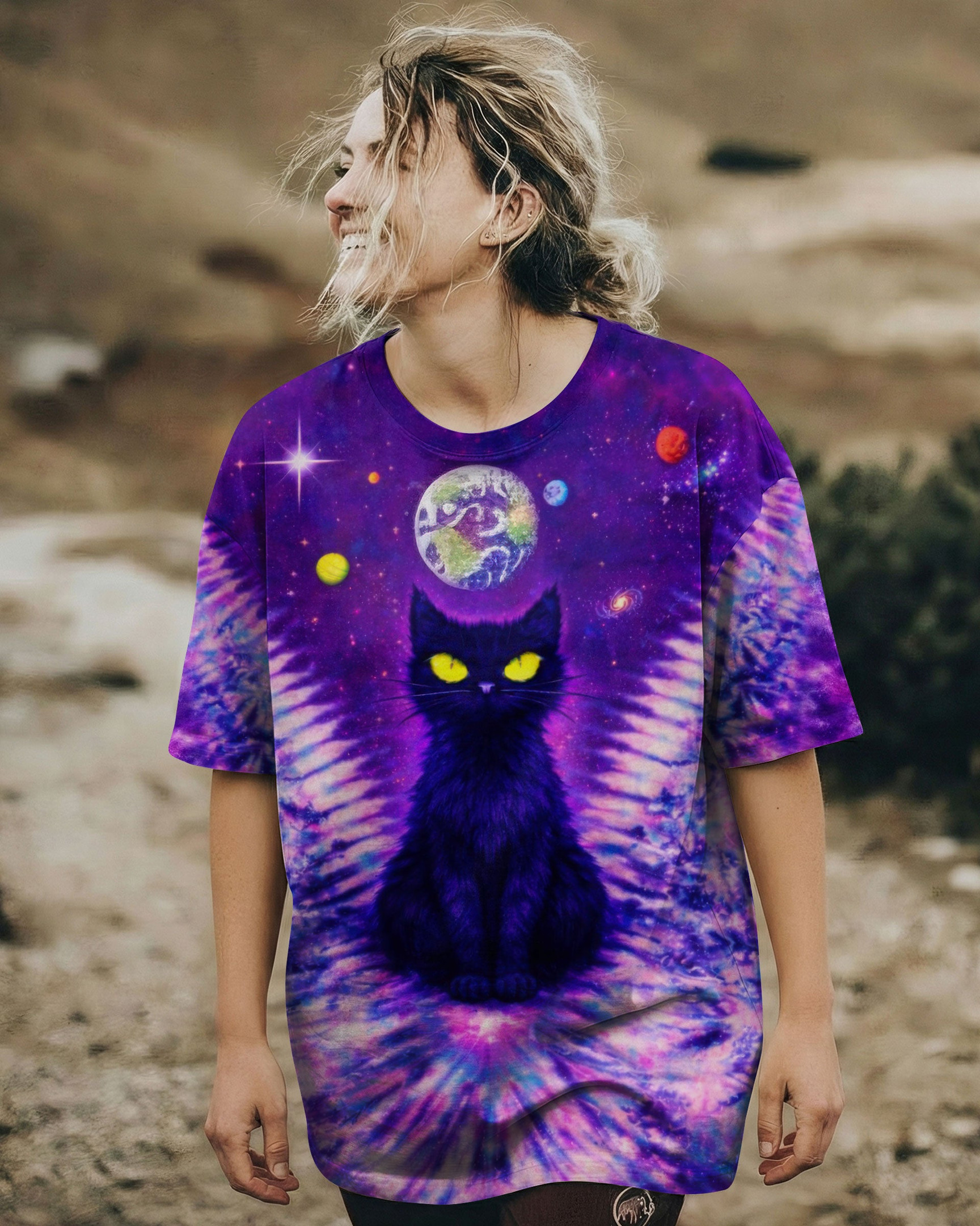 Black Cat V Galaxy Swirl Tie Dye T-Shirt Apparel Perfect Gifts For Sisters