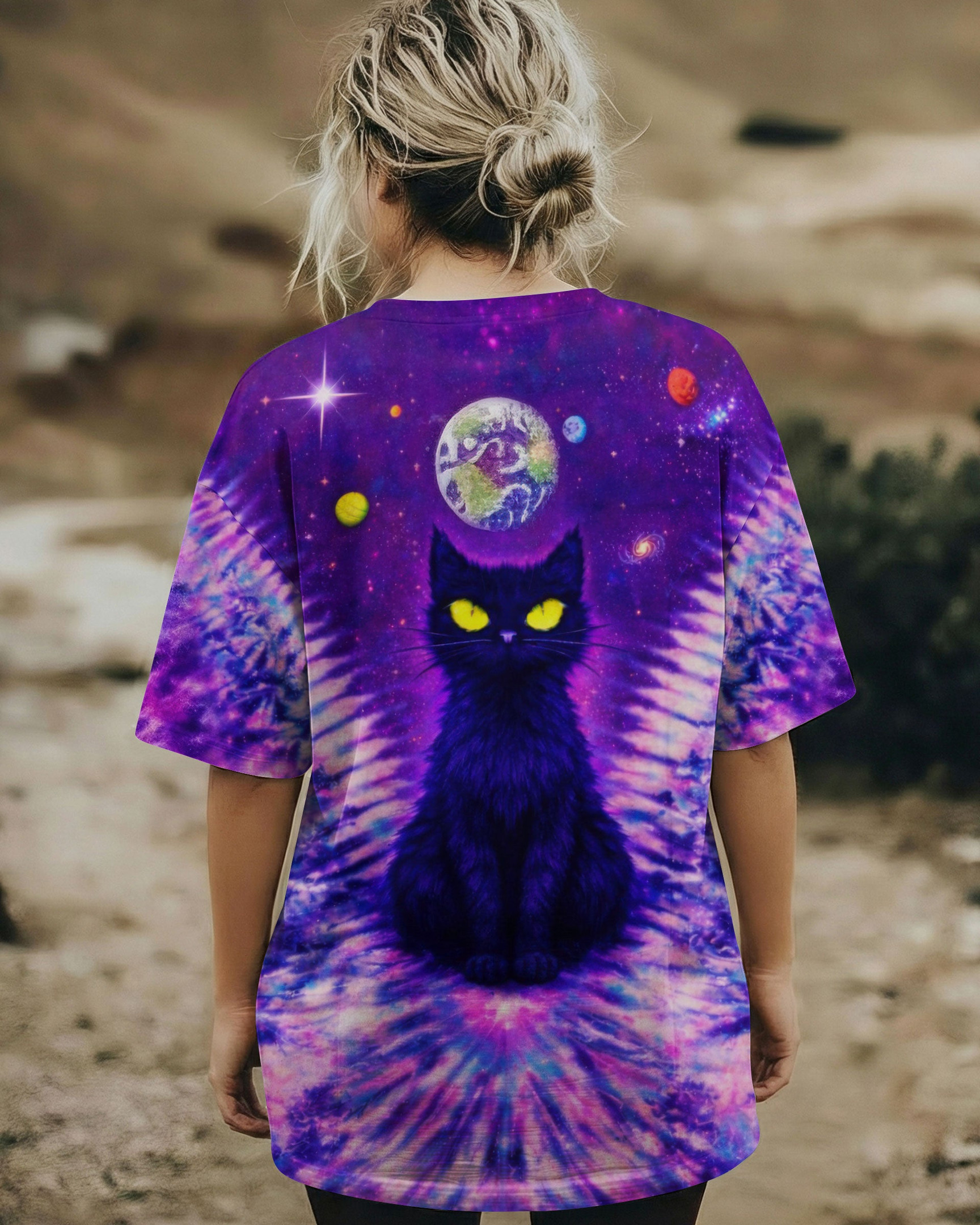 Black Cat V Galaxy Swirl Tie Dye T-Shirt Apparel Perfect Gifts For Sisters - Image 2
