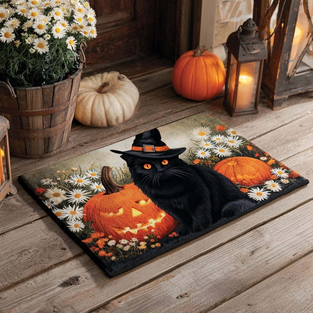 Black Cat Witch Pumpkin Halloween Doormat House Indoor Decorations Unique Gifts
