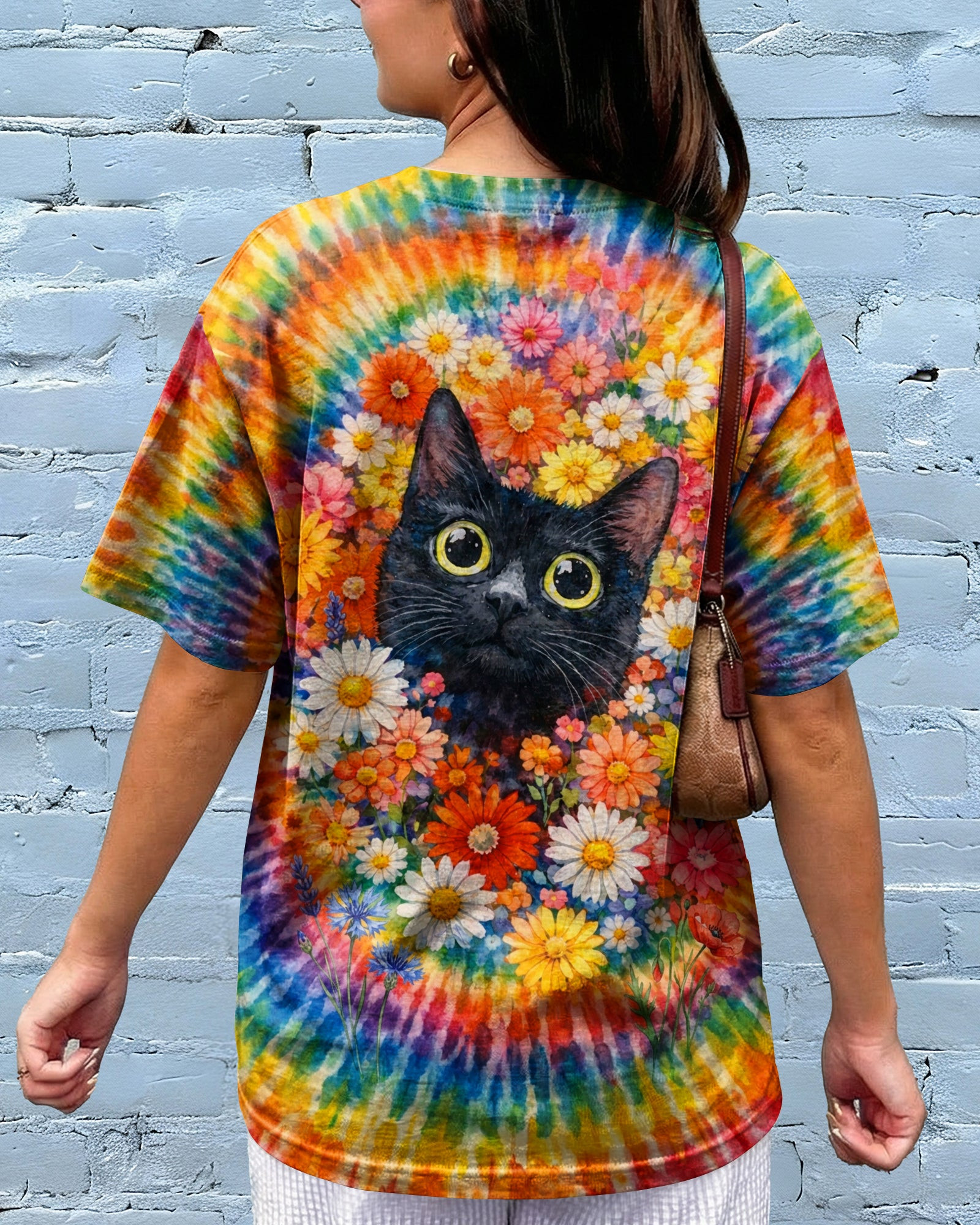 Black Cat With Floral Tie Dye V-neck T-Shirt Clothing Vibrant Colors Perfect Gift For Mom - Image 2