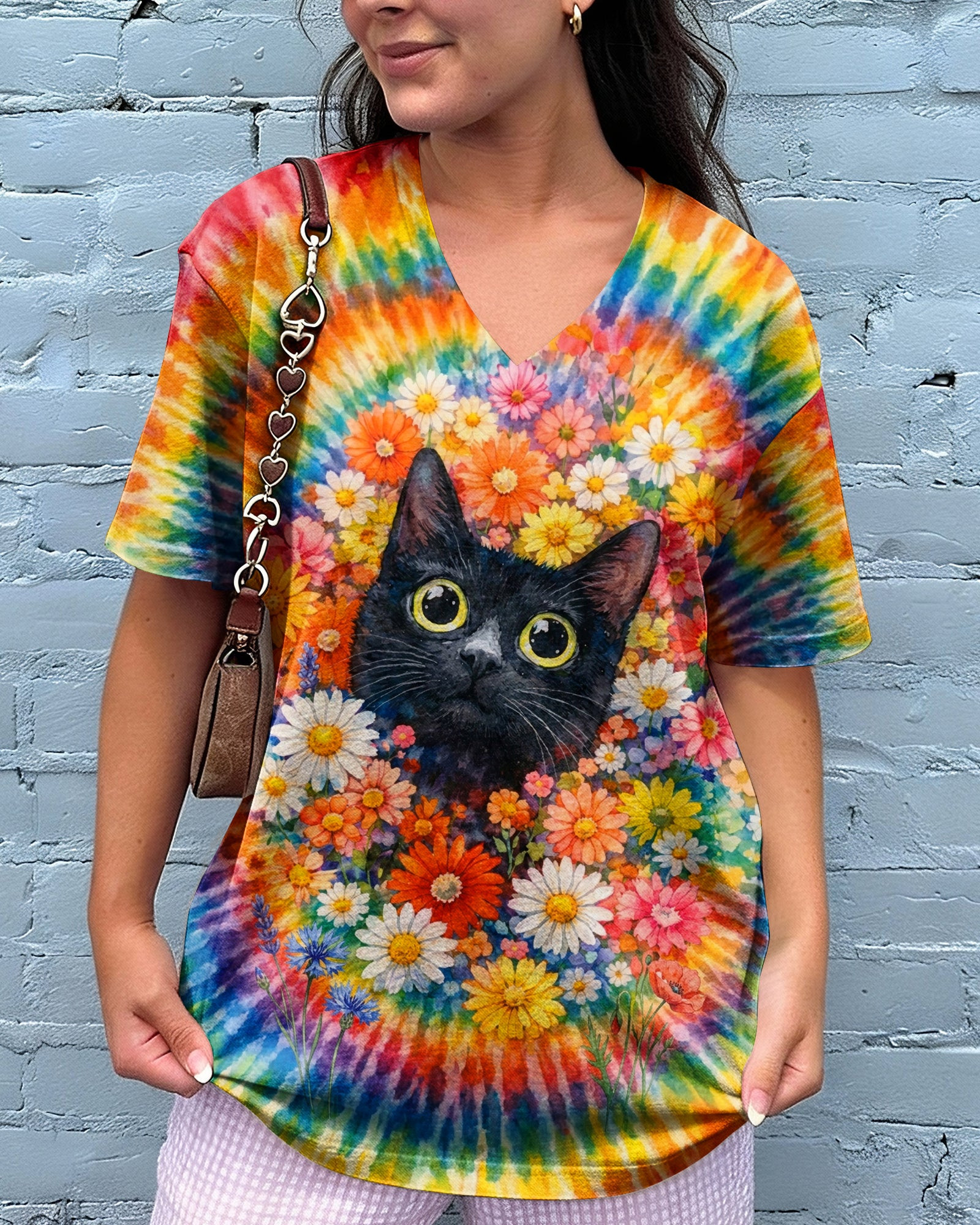 Black Cat With Floral Tie Dye V-neck T-Shirt Clothing Vibrant Colors Perfect Gift For Mom