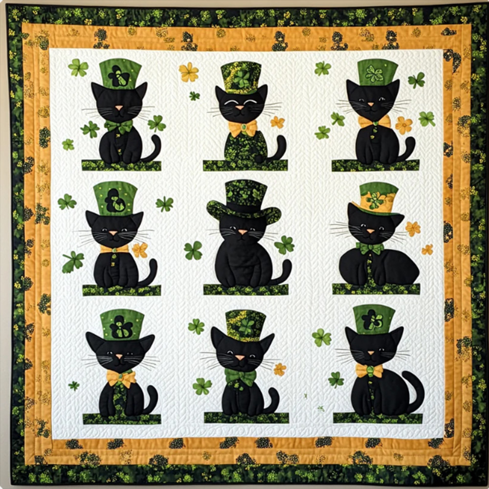 Black Cat With Hat Lucky Patrick's Day Quilt Blanket Best Idea Gift For Irish
