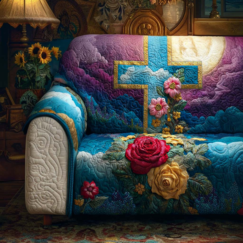 Blessed Crossmark Quilted Sofa Cover Sofa Protector Good Christian Gifts