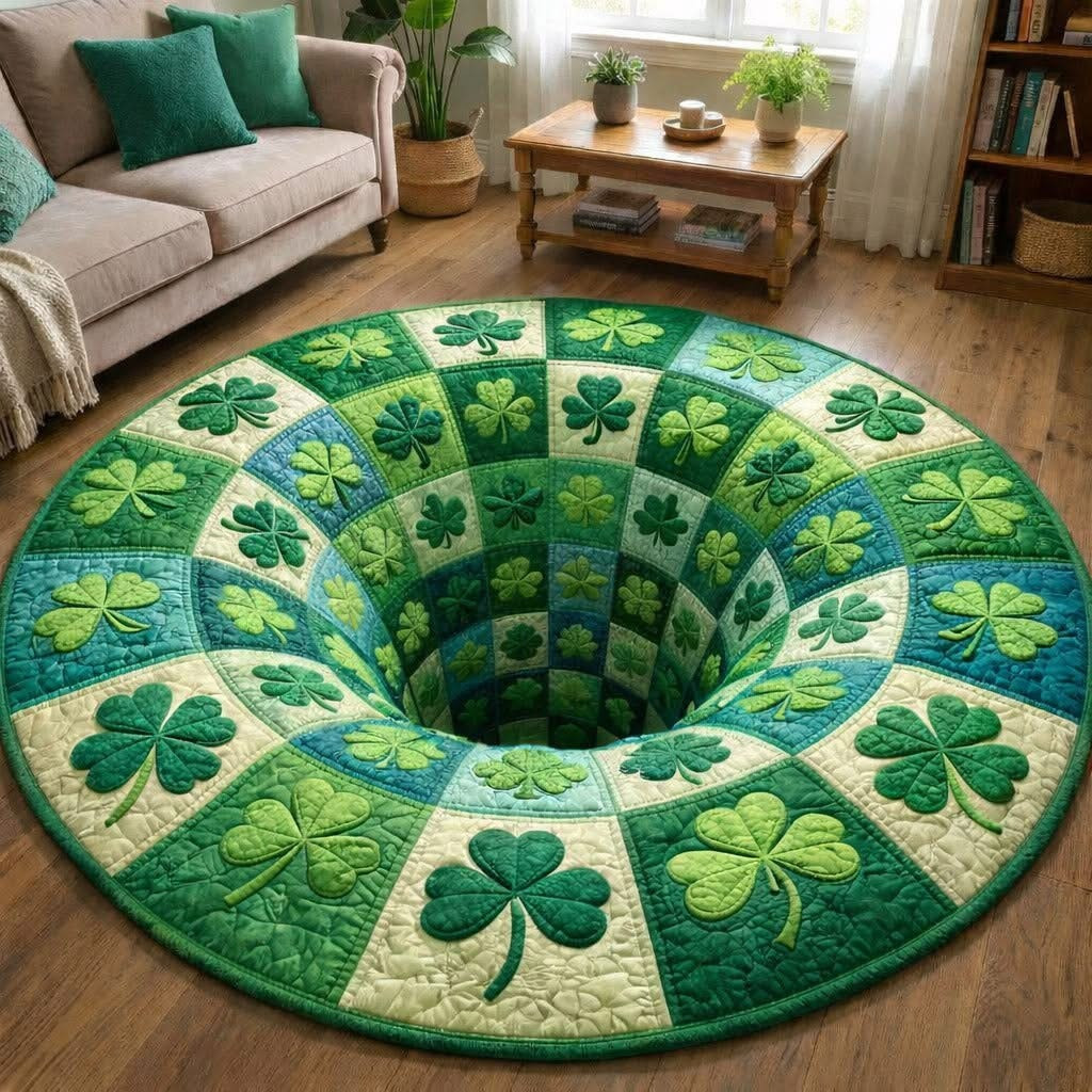 Blessed Greenery Shamrock Quilted Round Mat St Patrick's Day Round Rugs Gifts For Irish