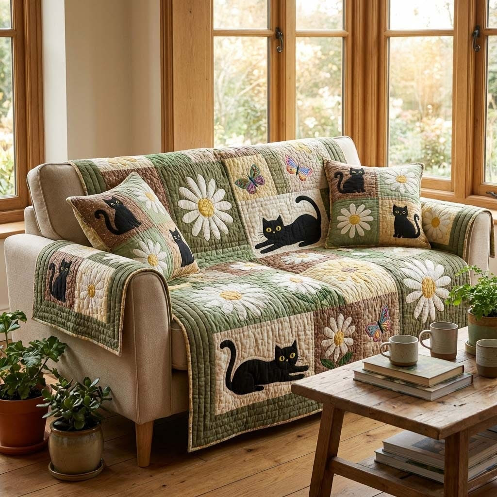 Bloom Cat Harmony Quilted Sofa Cover Cute Coach Cover Best Gifts For Cat Lovers