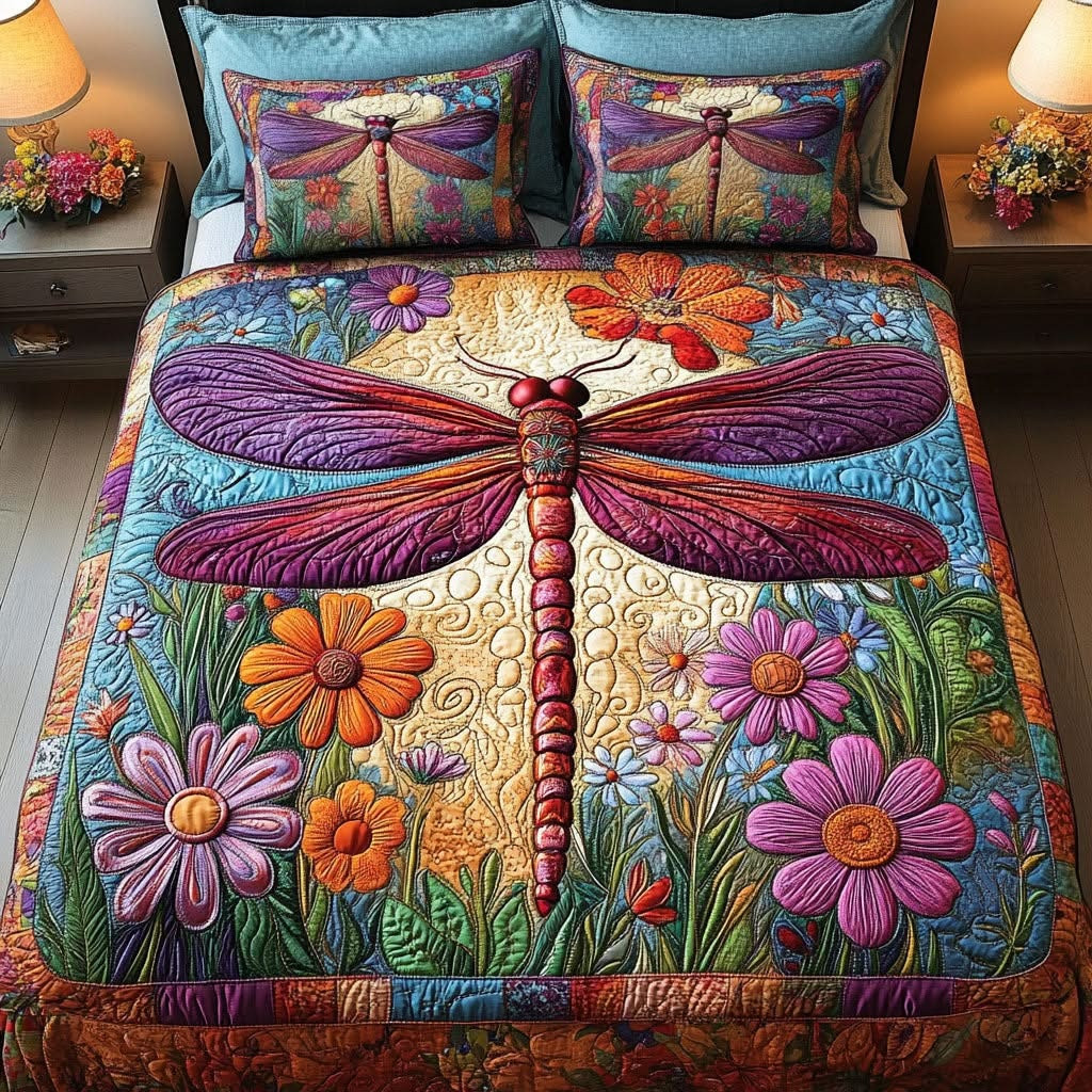 Blooming Dragonfly Quilted Bedding Set Colorful Floral Bedroom Decor Best Mother's Day Gifts