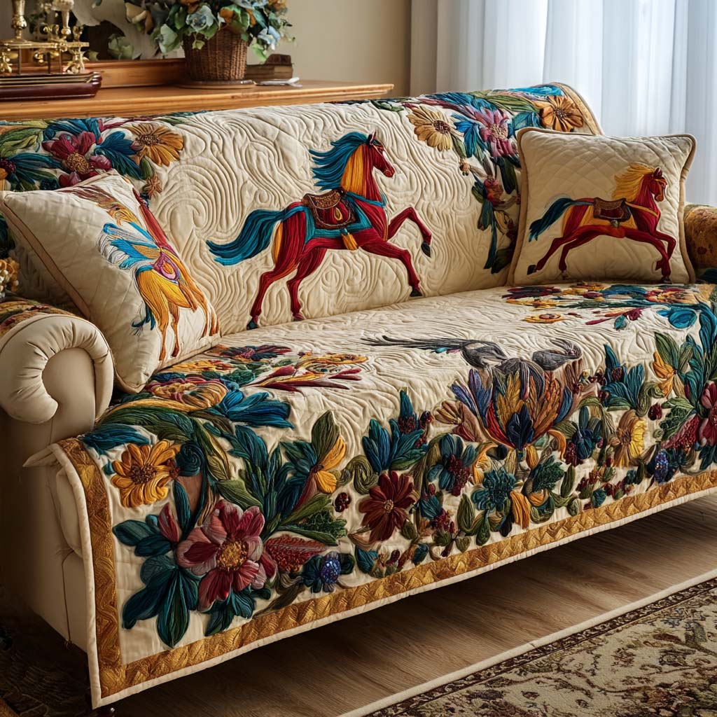 Blooming Horse Quilted Sofa Cover Cool Couch Slipcovers Unique Gifts For Horse Lovers