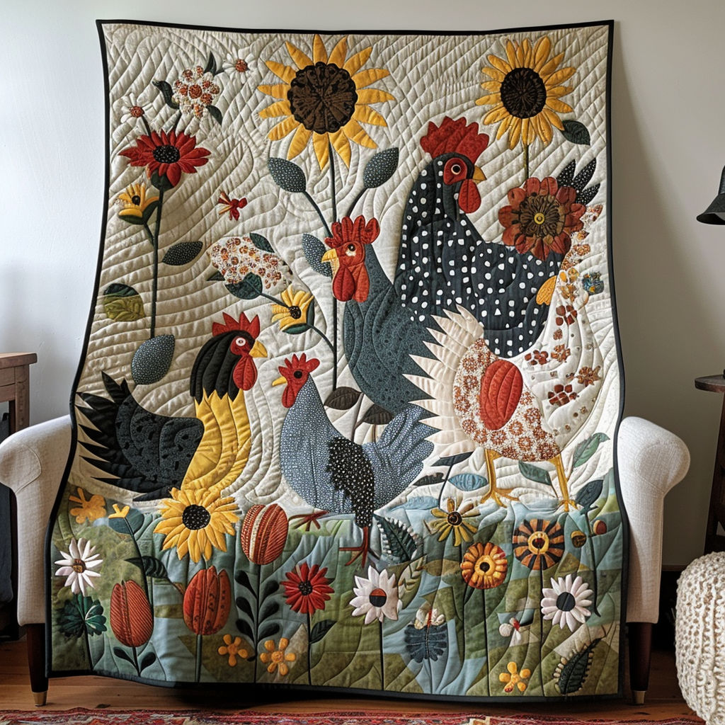Blooming Poultry Quilted Blanket Bedspreads Chicken Related Gifts