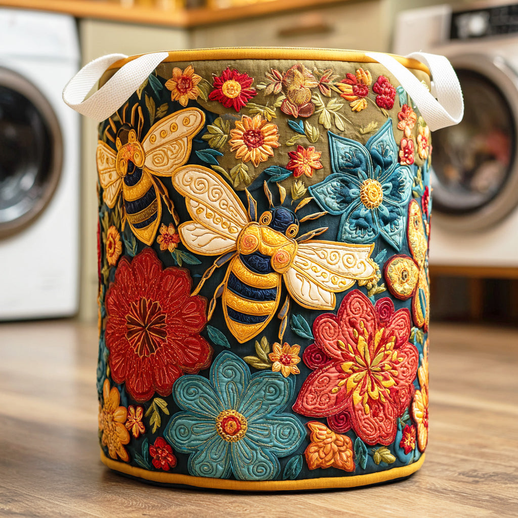 Blossom Bees Quilted Laundry Basket High-Quality Quilted Laundry Hamper for Family Use
