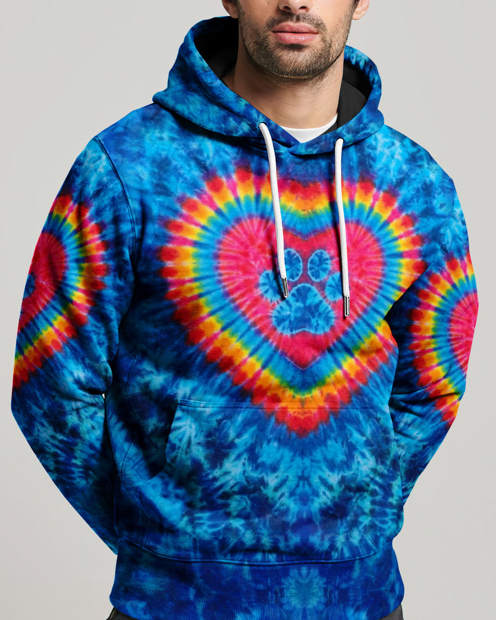 Blue Rainbow Heart Paw Tie Dye Hoodie Vibrant Colors Perfect Gift For Cat Lovers