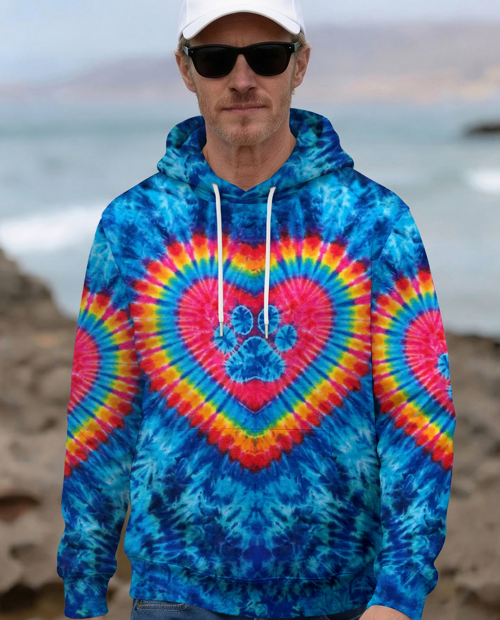 Blue Rainbow Heart Paw Tie Dye Hoodie Vibrant Colors Perfect Gift For Cat Lovers - Image 3
