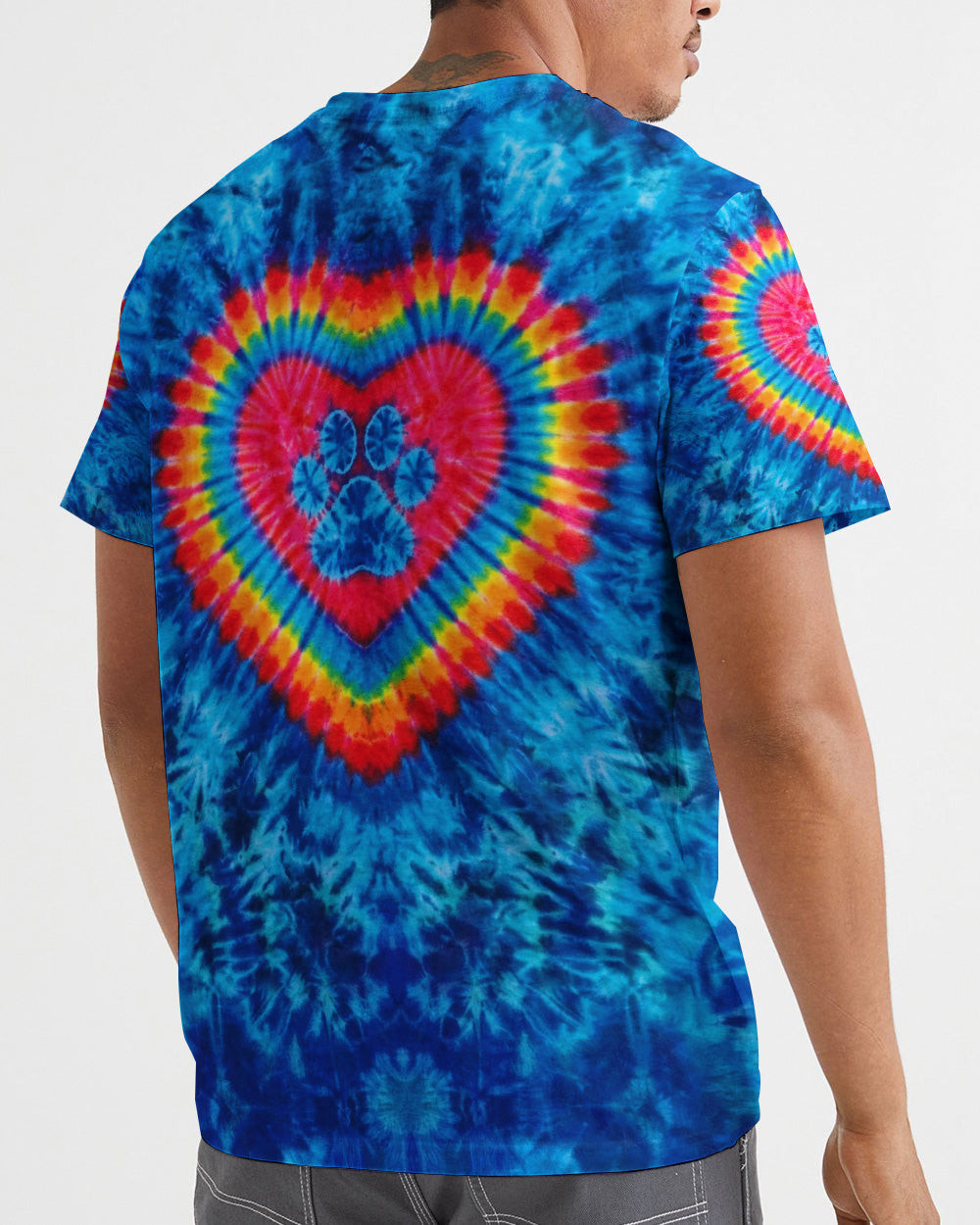 Blue Rainbow Heart Paw Tie Dye V-Neck T-Shirt Apparel Gifts For Him Her - Image 2