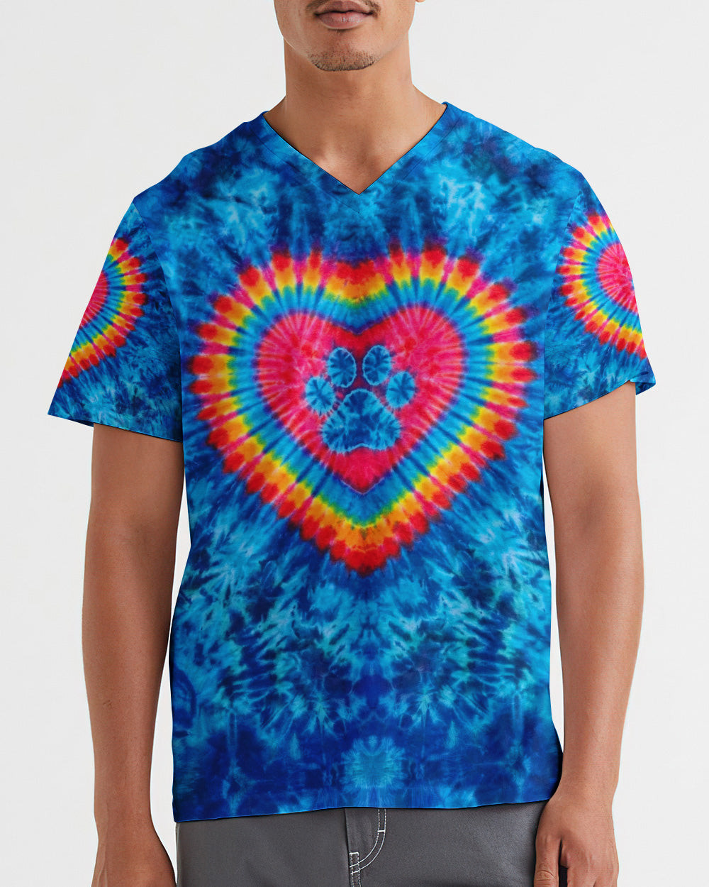 Blue Rainbow Heart Paw Tie Dye V-Neck T-Shirt Apparel Gifts For Him Her