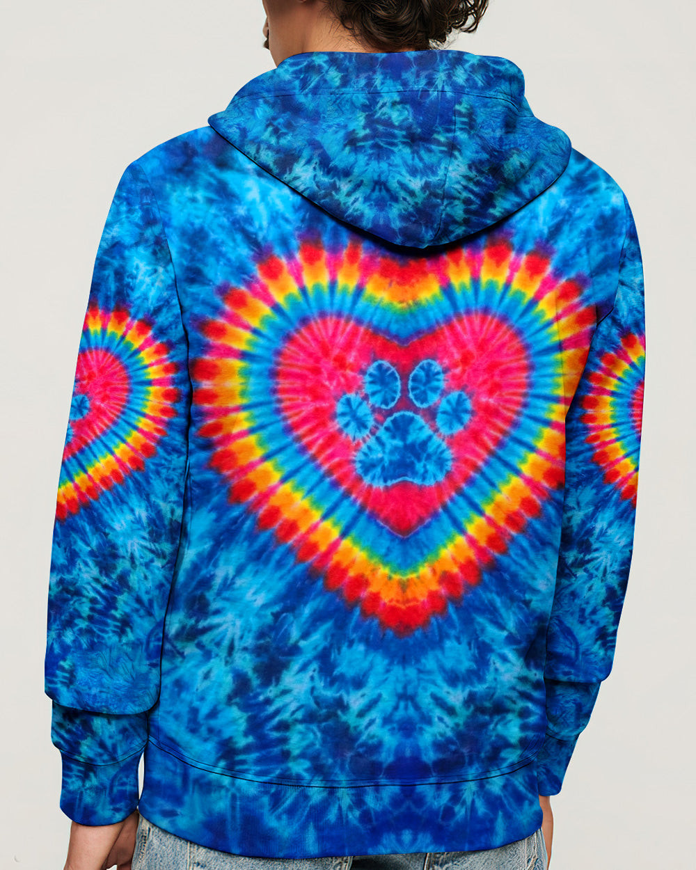 Blue Rainbow Heart Paw Tie Dye Zip Hoodie Vibrant Colors Clothing Gift For Cat Lovers - Image 2