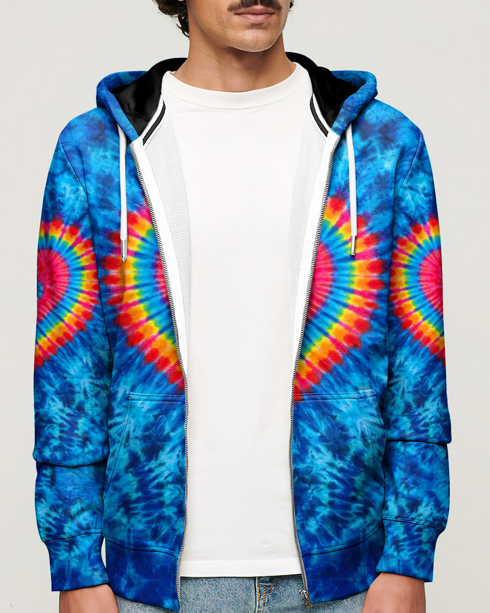 Blue Rainbow Heart Paw Tie Dye Zip Hoodie Vibrant Colors Clothing Gift For Cat Lovers